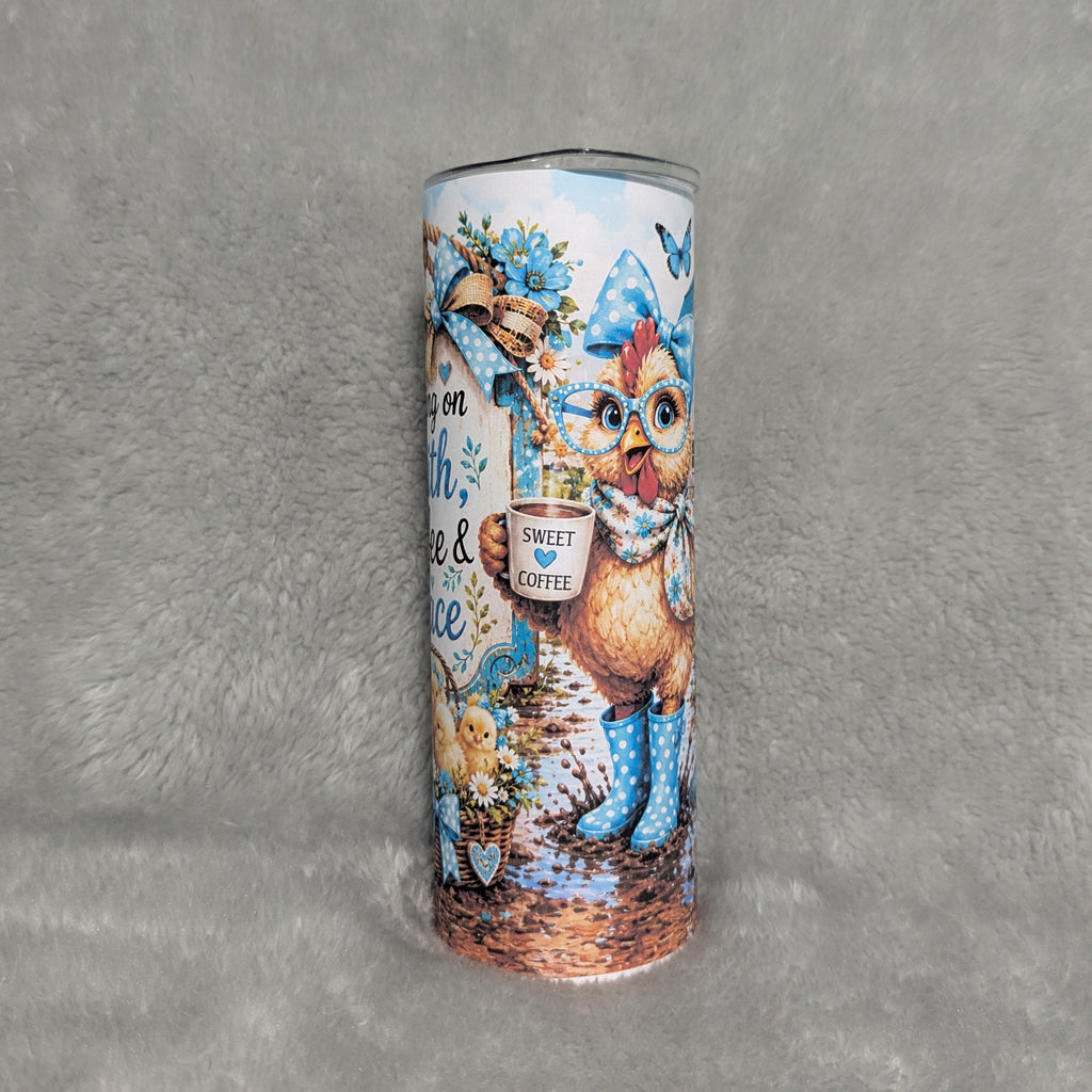 Running On Faith Coffee And Grace Chicken Tumbler 20oz with Reusable Straw