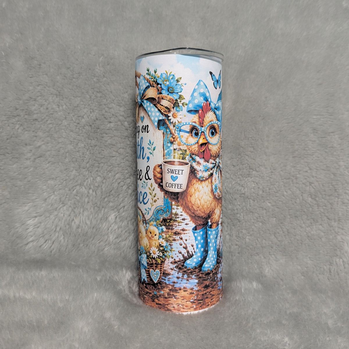 Running On Faith Coffee And Grace Chicken Tumbler 20oz with Reusable Straw