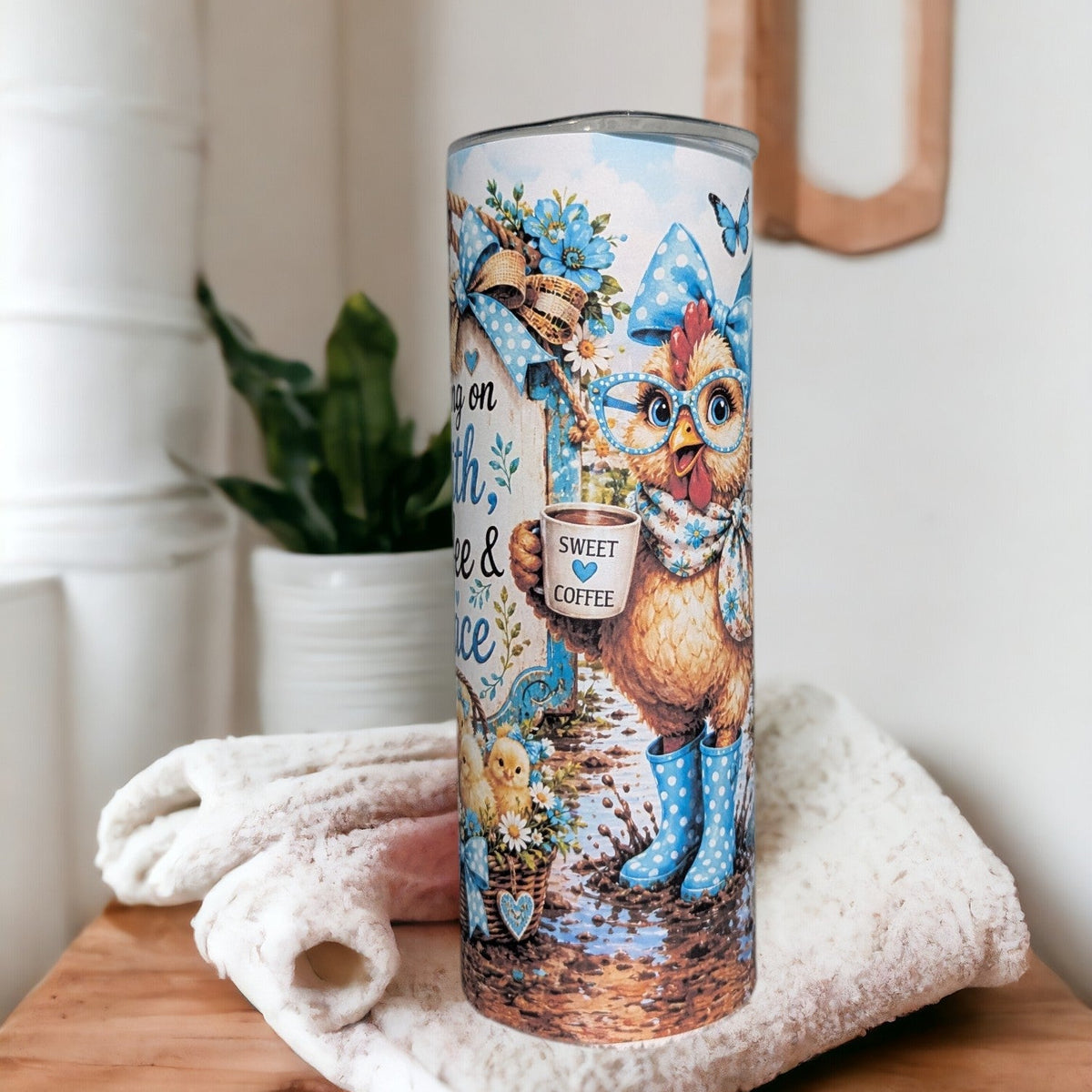 Running On Faith Coffee And Grace Chicken Tumbler 20oz with Reusable Straw