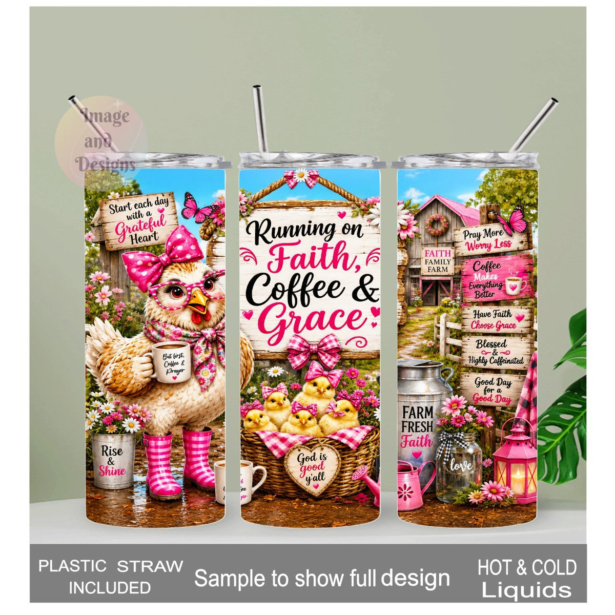 Running On Faith Coffee And Grace Chicken Tumbler 20oz With Reusable Straw