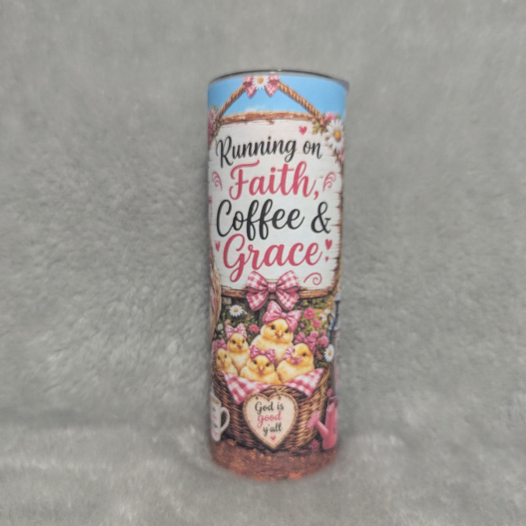 Running On Faith Coffee And Grace Chicken Tumbler 20oz With Reusable Straw
