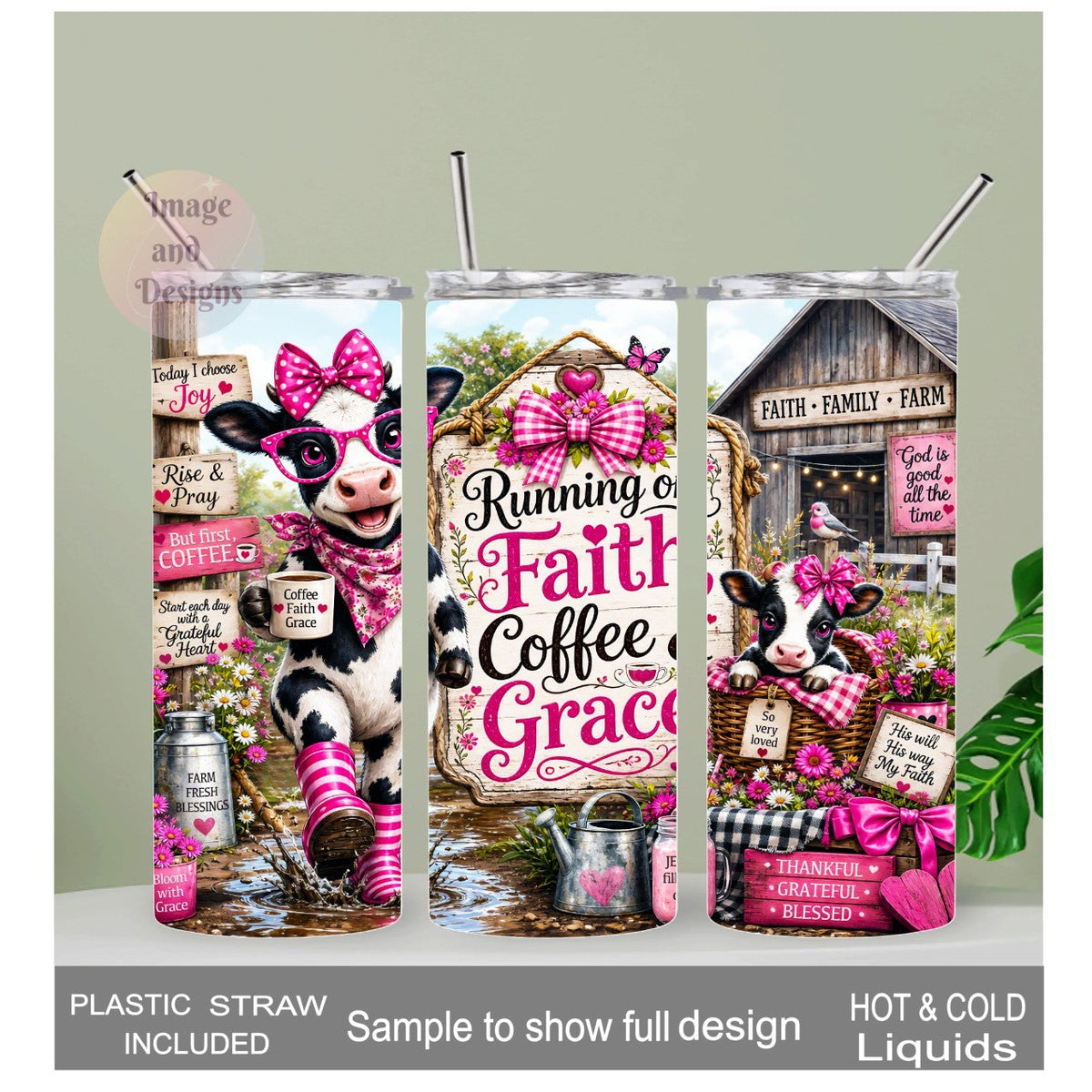 Running On Faith Coffee And Grace Cow Tumbler 20oz with Reusable Straw