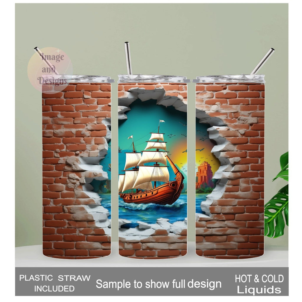 Sailboat Ship Hole In The Wall Design Tumbler  20oz With Reusable Straw, Can Be Personalized