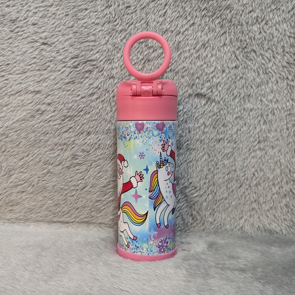 Santa With Unicorns Kids Water Bottle 12oz With Reusable Straw Can Be Personalized