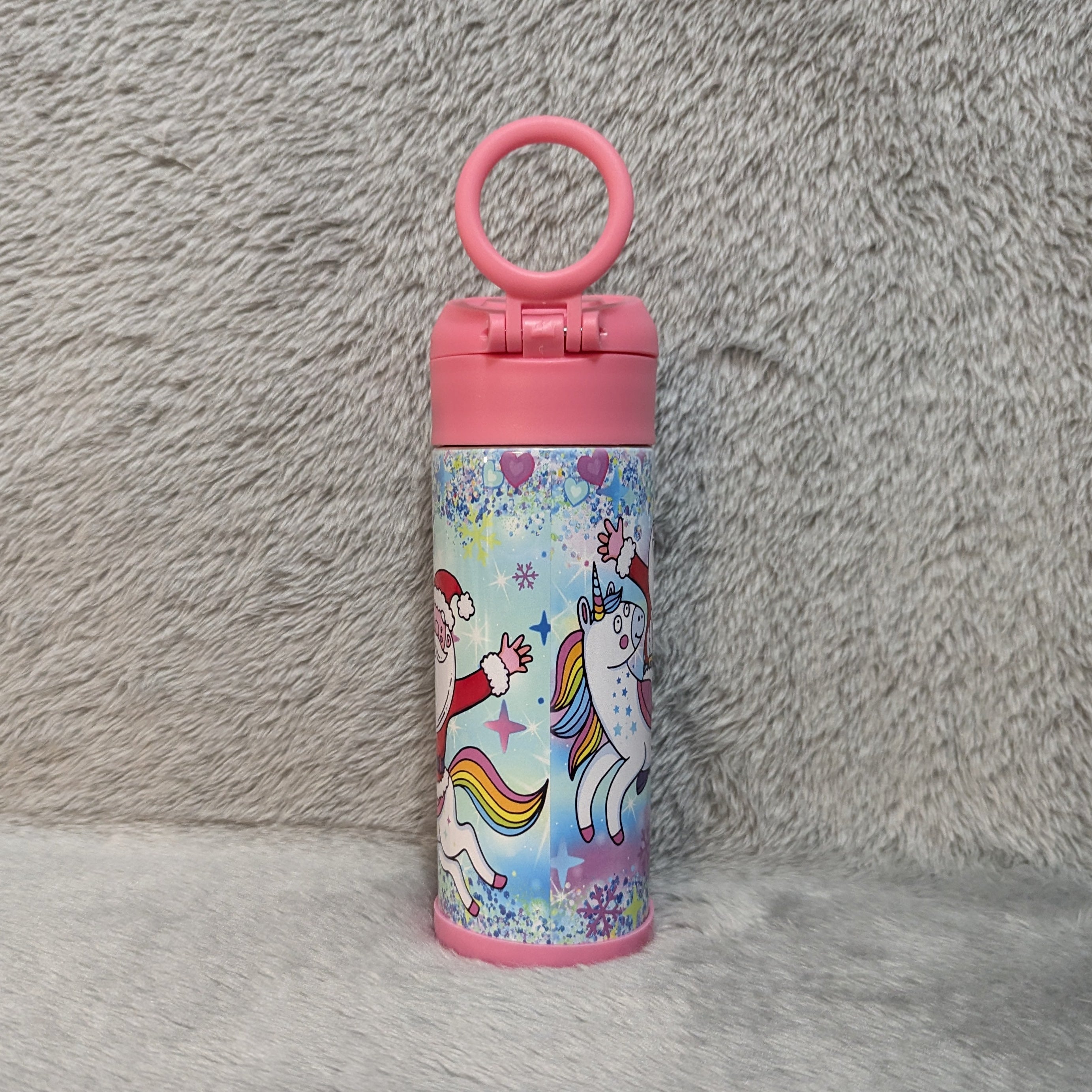 Santa With Unicorns Kids Water Bottle 12oz With Reusable Straw Can Be Personalized