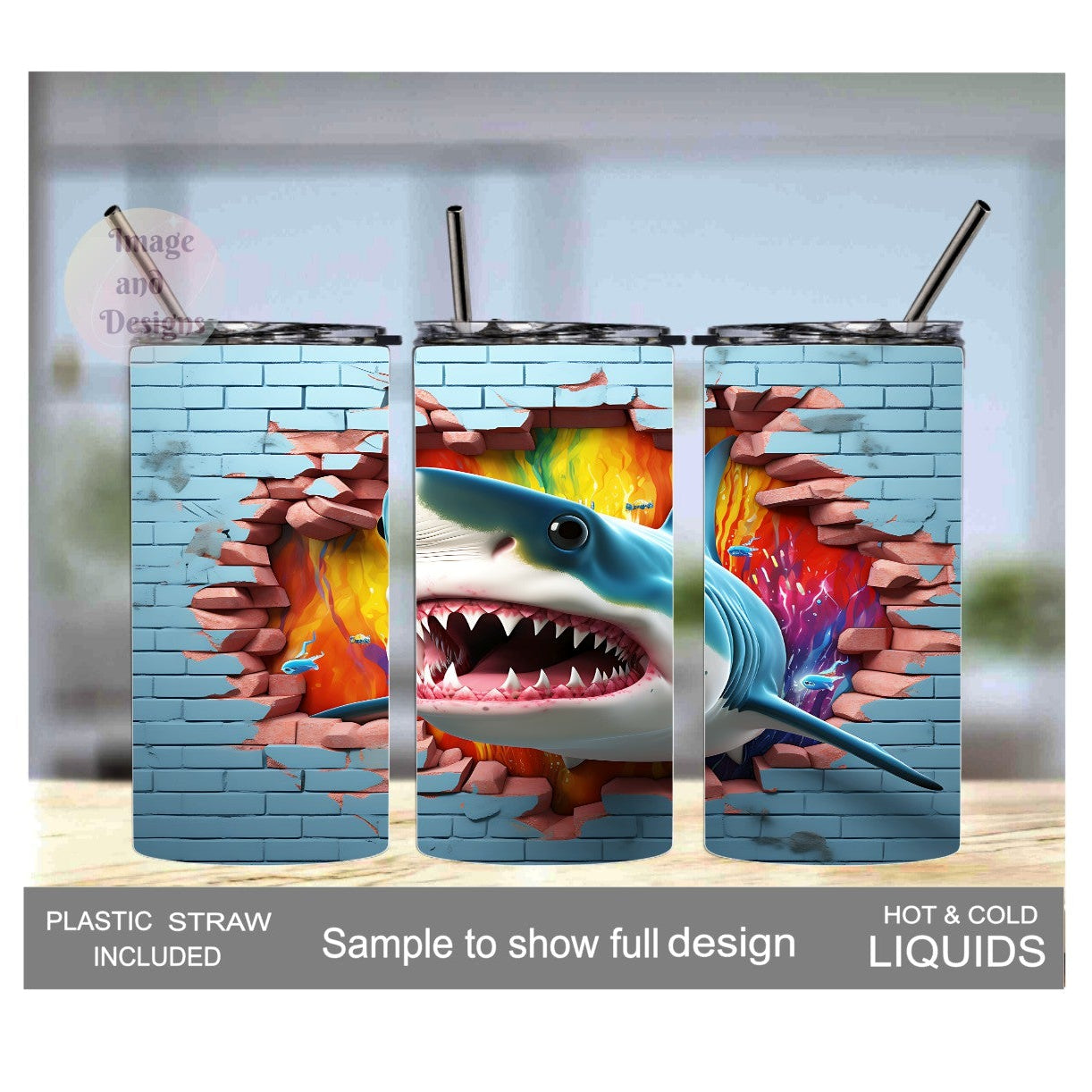 Kids Shark Tumbler 15oz With Reusable Straw, Can Be Personalized