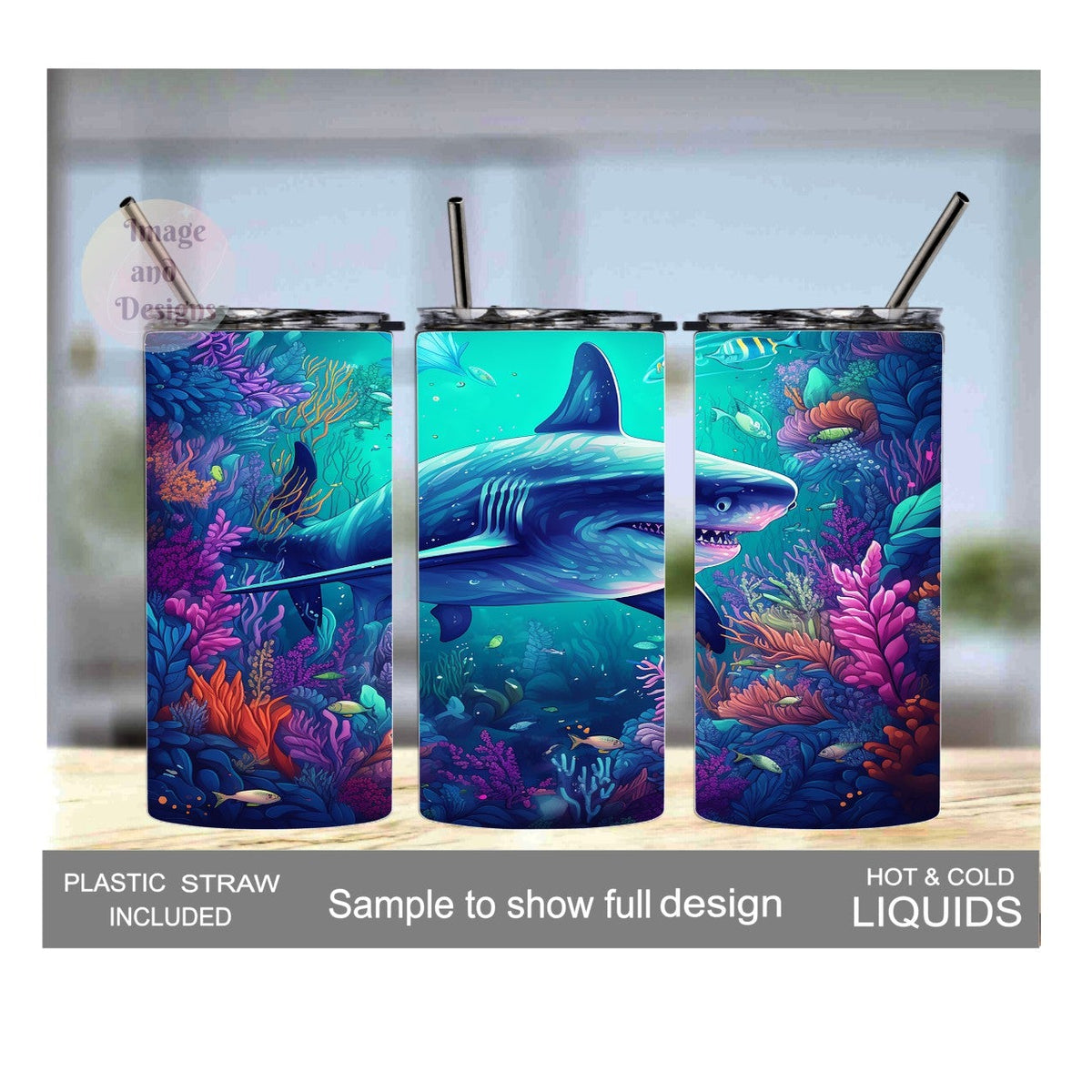 Kids Shark Tumbler 15oz With Reusable Straw, Can Be Personalized