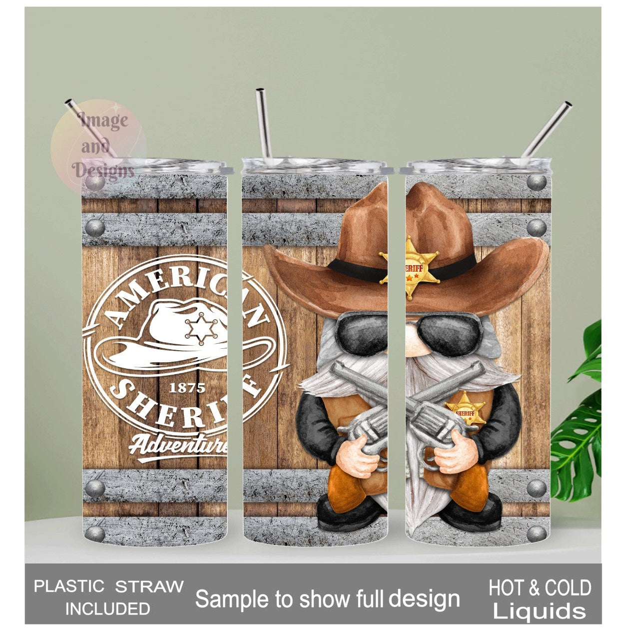 Western Sheriff Gnome Tumbler 20oz With Reusable Straw, Can Be Personalized