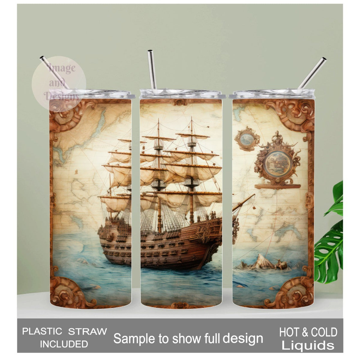 Vintage Ship Design Tumbler 20oz With Reusable Straw, Can Be Personalized