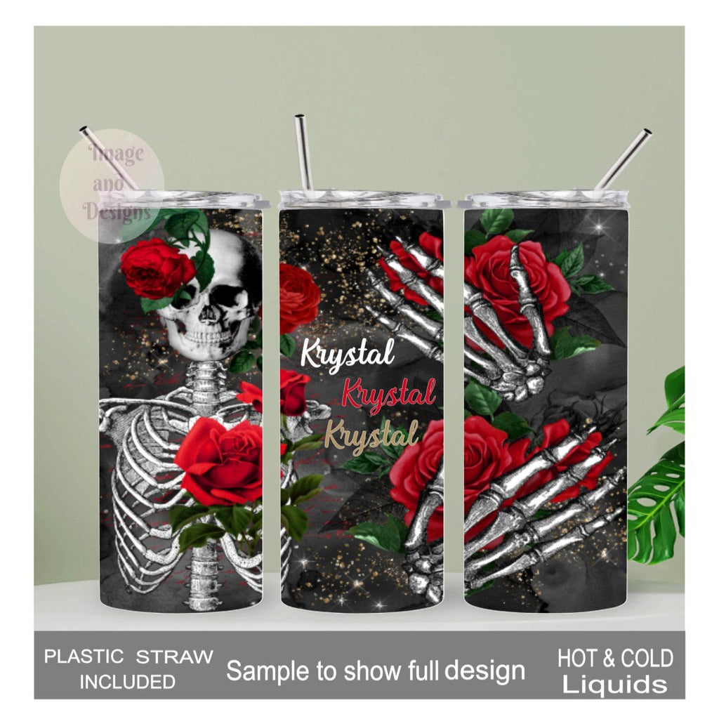 Skeleton Tumbler With Red Roses 20oz With Reusable Straw, Can Be Personalized