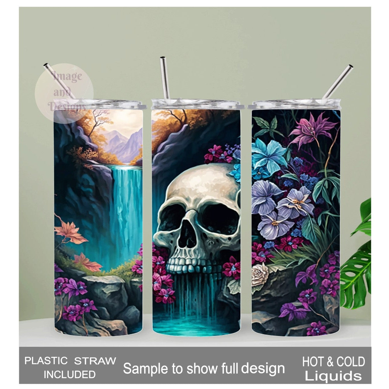 Skull Tumbler With Flowers and A Waterfall 20oz With Reusable Straw