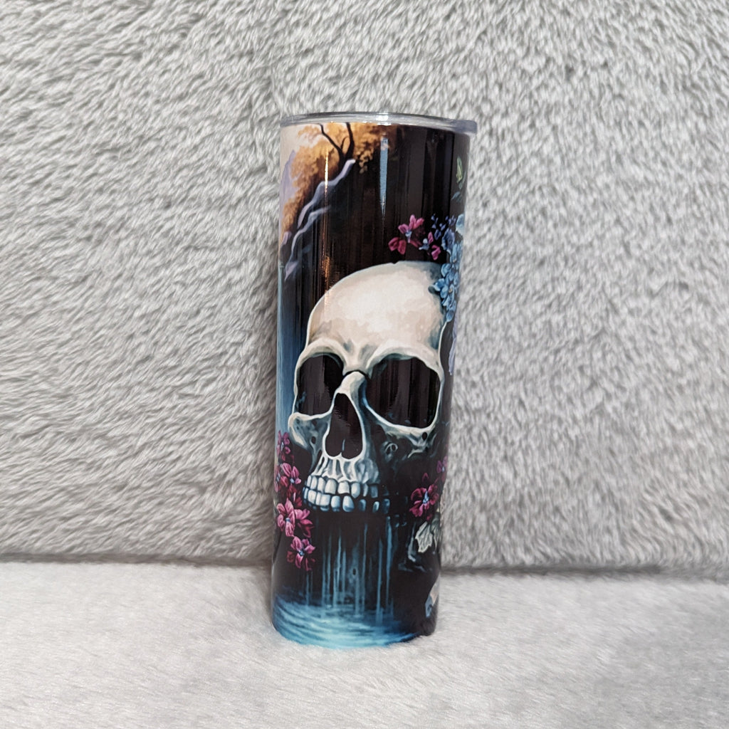 Skull Tumbler With Flowers and A Waterfall 20oz With Reusable Straw