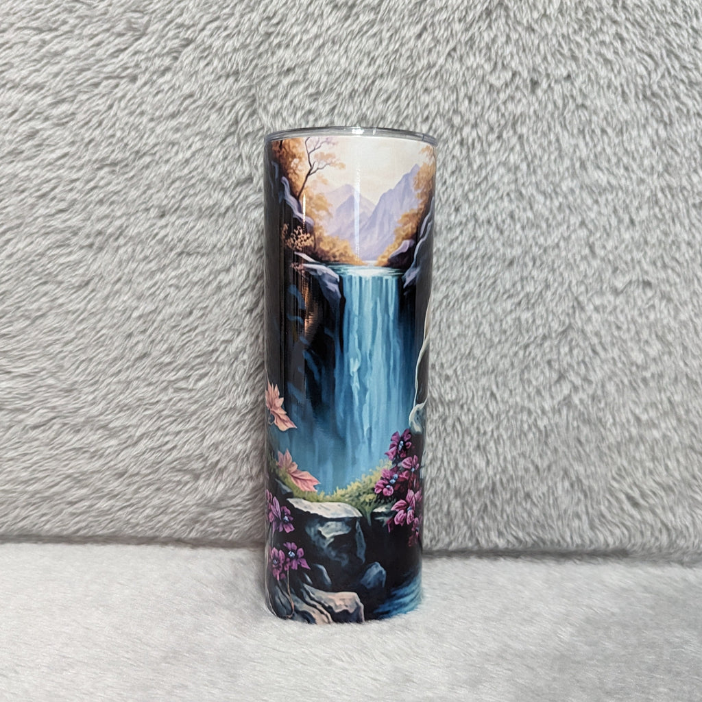 Skull Tumbler With Flowers and A Waterfall 20oz With Reusable Straw
