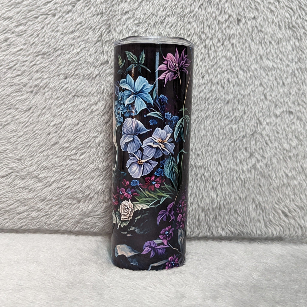 Skull Tumbler With Flowers and A Waterfall 20oz With Reusable Straw