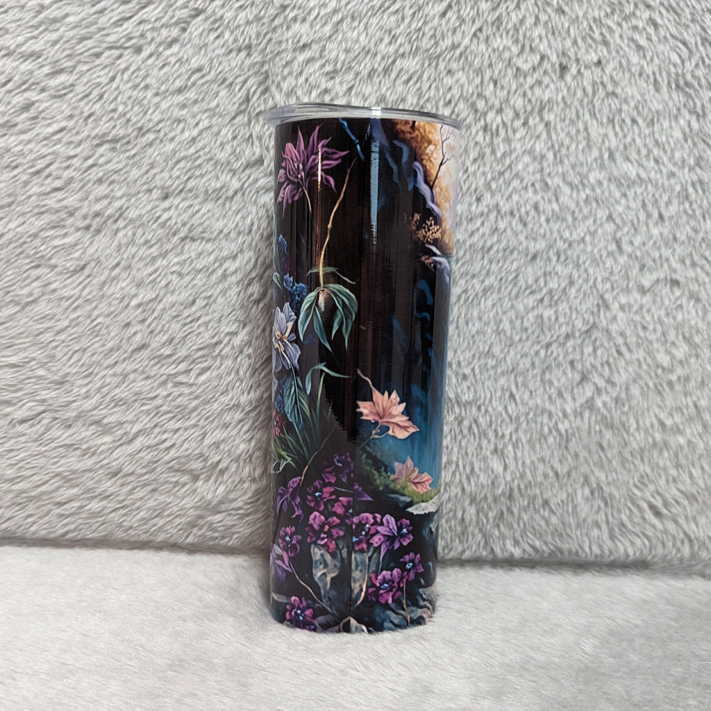 Skull Tumbler With Flowers and A Waterfall 20oz With Reusable Straw