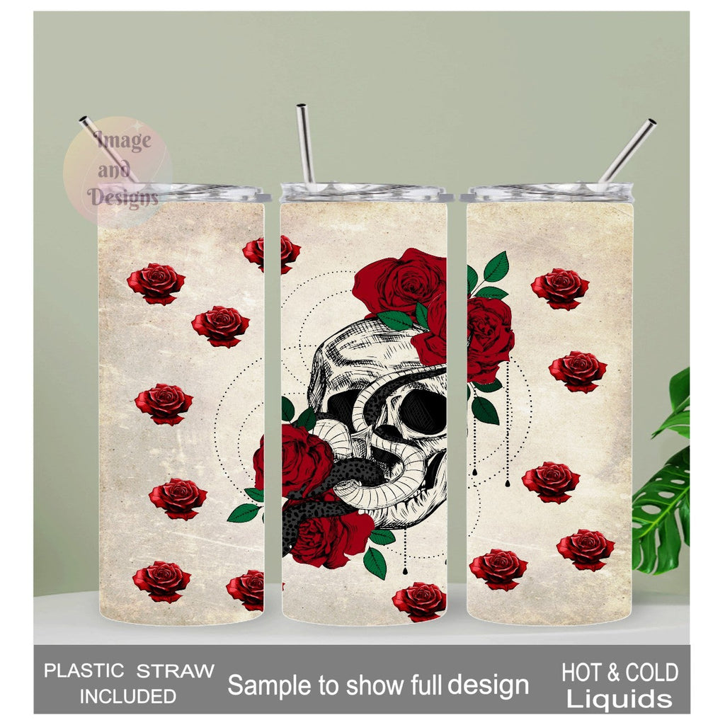Skull With Snake and Roses Tumbler 20oz With Reusable Straw, Can Be Personalized