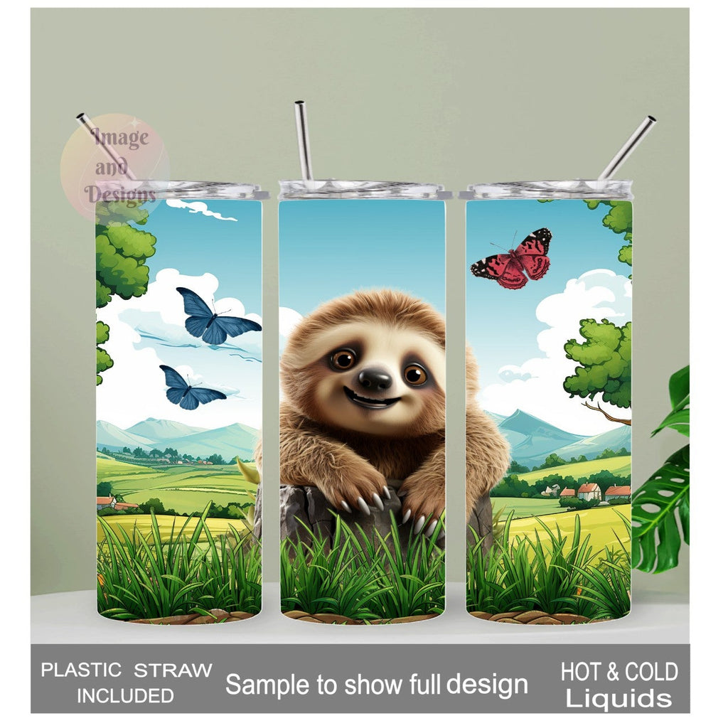 Adorable Sloth Tumbler With Butterflies 20oz With Reusable Straw, Can Be Personalized
