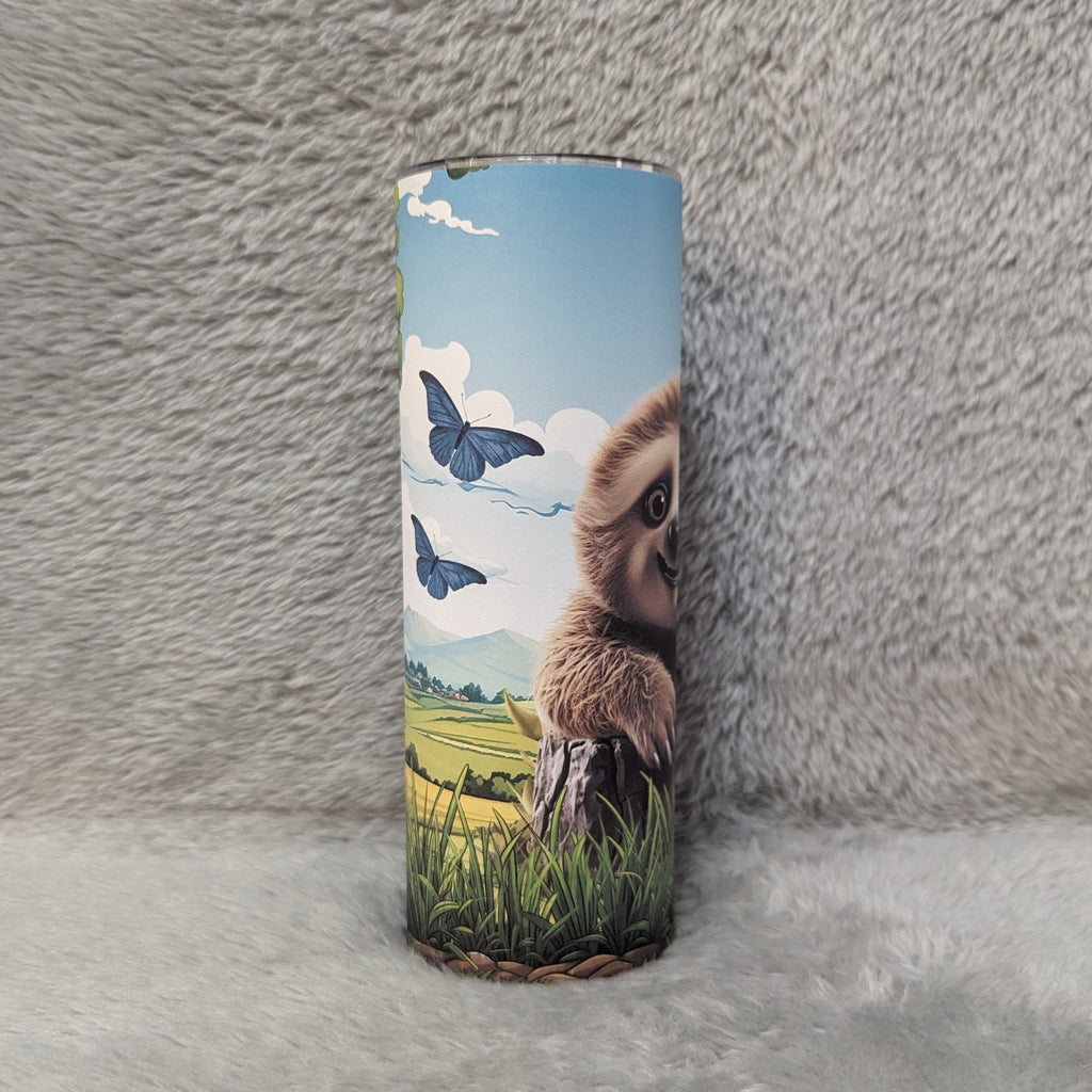 Adorable Sloth Tumbler With Butterflies 20oz With Reusable Straw, Can Be Personalized