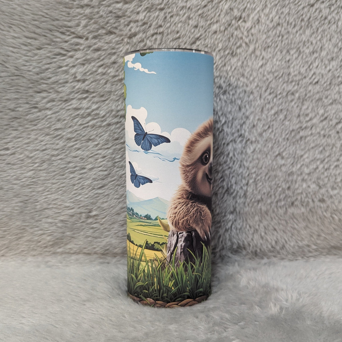 Adorable Sloth Tumbler With Butterflies 20oz With Reusable Straw, Can Be Personalized