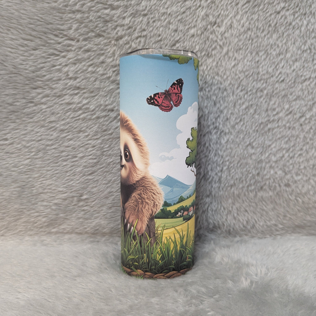 Adorable Sloth Tumbler With Butterflies 20oz With Reusable Straw, Can Be Personalized