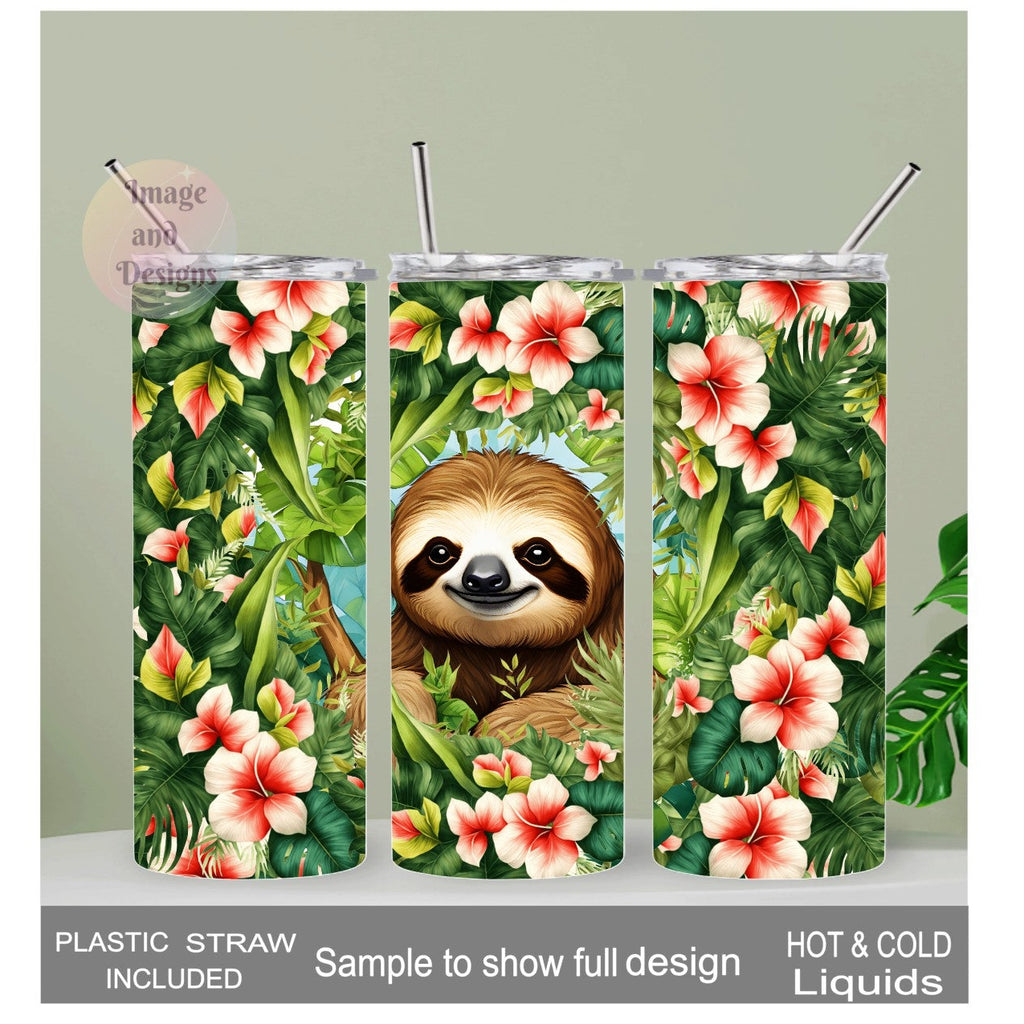 Sloth with Hibiscus Flowers Tumbler 20oz With Reusable Straw, Can Be Personalized