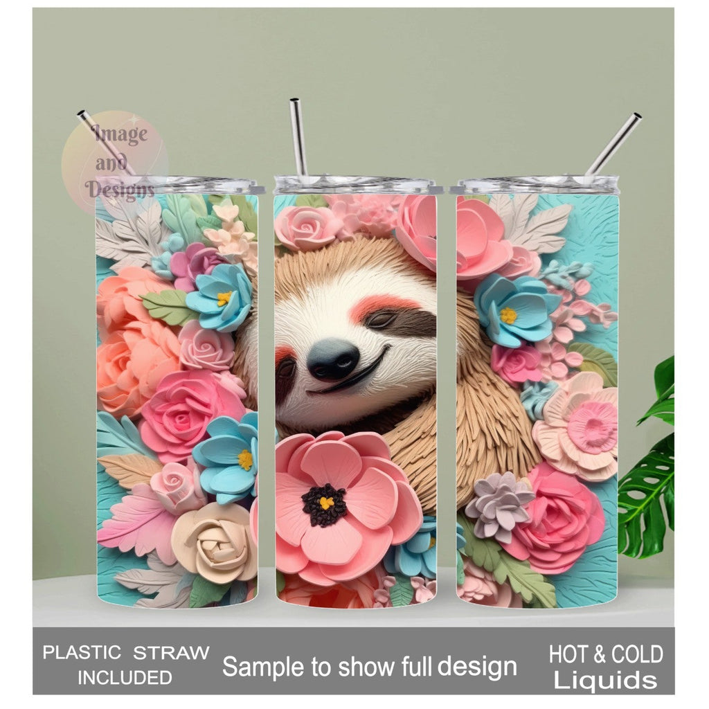 Adorable 3D Design Sloth Tumbler with Pastel Flowers 20oz With Reusable Straw, Can Be Personalized