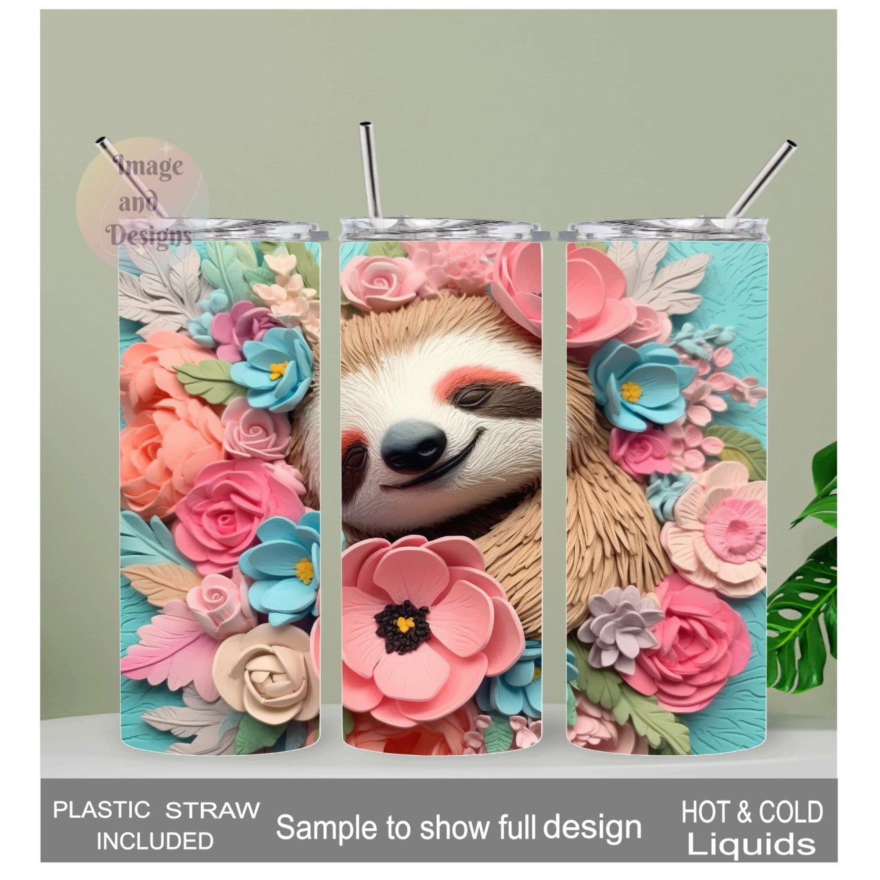 Adorable 3D Design Sloth Tumbler with Pastel Flowers 20oz With Reusable Straw, Can Be Personalized