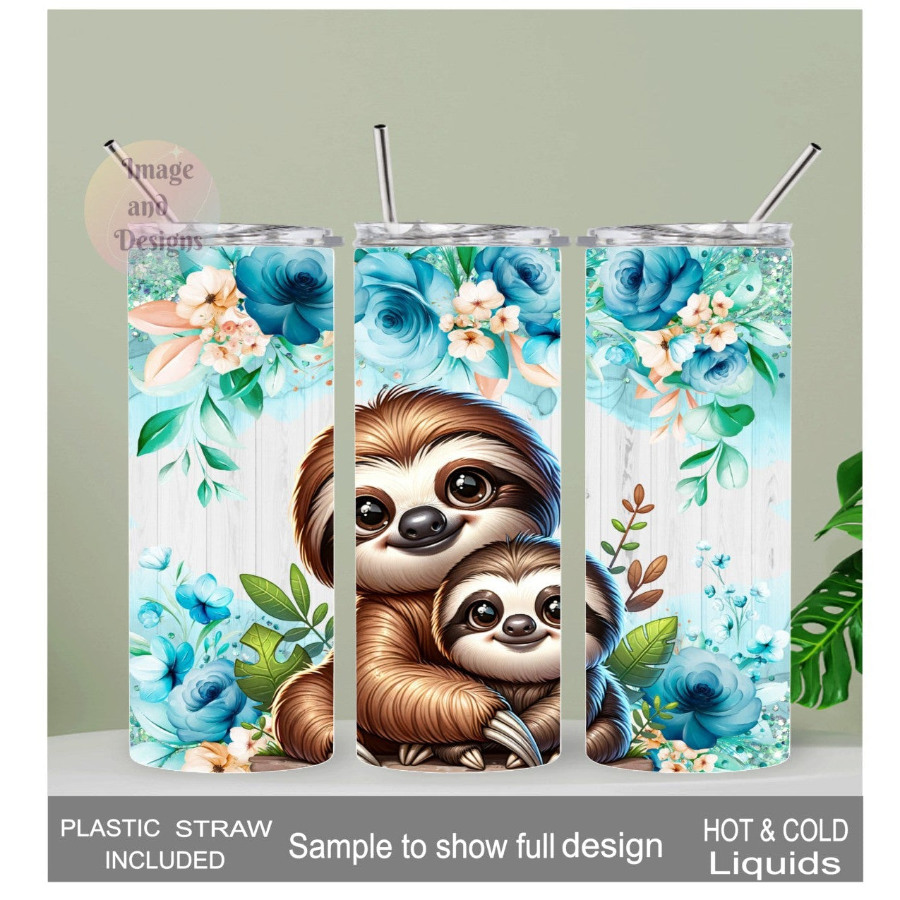 Pretty Floral Sloth Tumbler 20oz With Reusable Straw Can Be Personalized