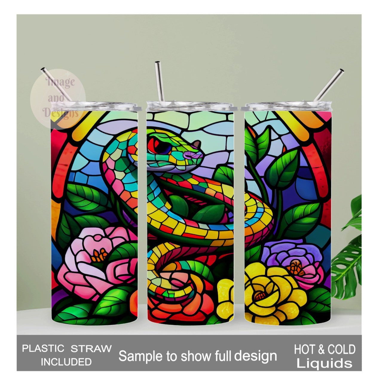 Beautiful Snake Tumbler With A Stained Glass Design 20oz With Reusable Straw, Can Be Personalized