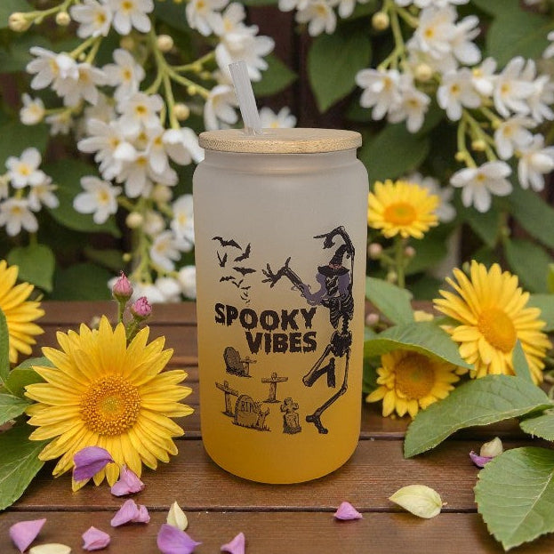 Spooky Vibes Skeleton Glass 16oz With Bamboo Lid and Reusable Straw,