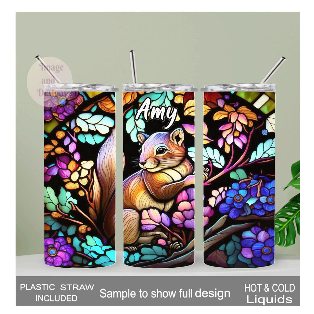 Squirrel Tumbler With A Stained Glass Design 20oz With Reusable Straw, Can Be Personalized