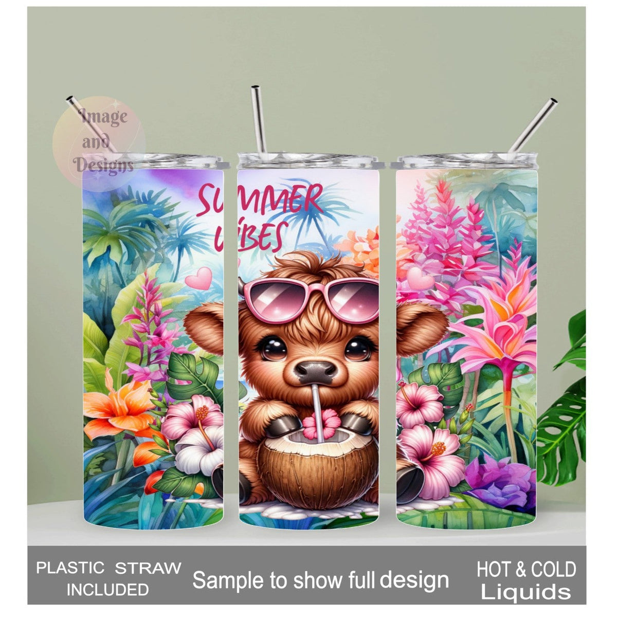 Summer Highland Cow Tumbler 20oz With Reusable Straw, Can Be Personalized