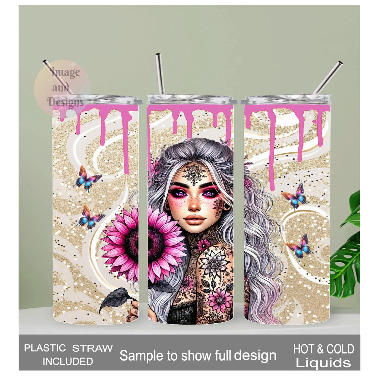 Sunflower Tattoo Girl Tumbler 20oz With Reusable Straw, Can Be Personalized