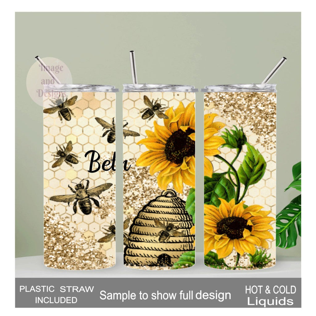 Bees With Sunflowers Tumbler 20oz With Reusable Straw, Can Be Personalized