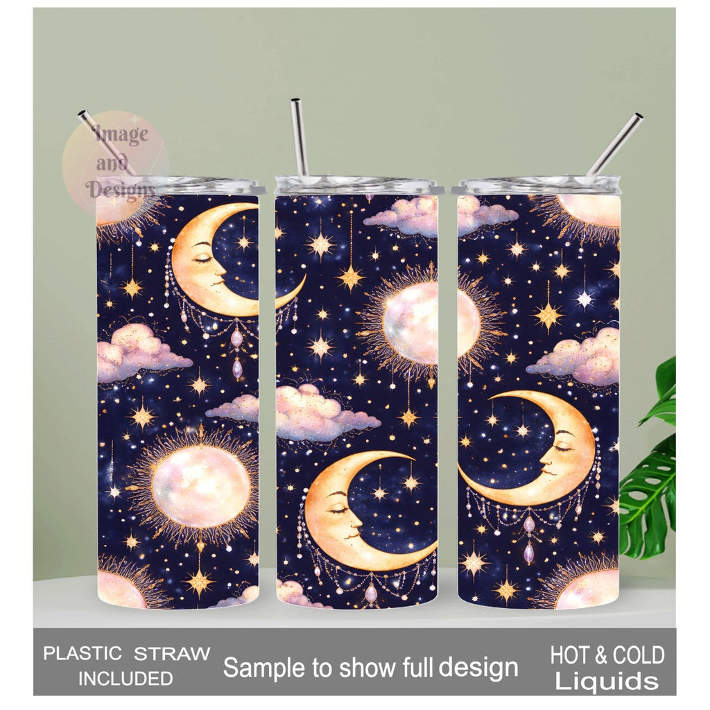 Nighttime Blue Tumbler - Moon, Sun & Clouds 20oz With Reusable Straw, Can Be Personalized