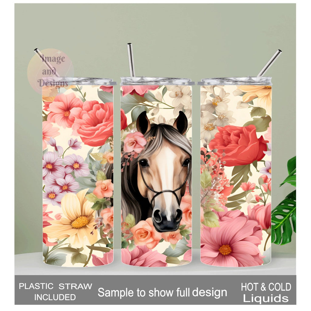 Floral Horse Tumbler 20oz With Reusable Straw, Can Be Personalized