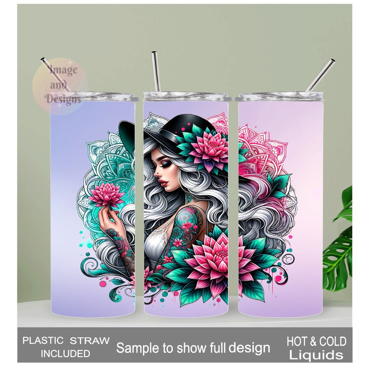 Tattoo Flower Girl Tumbler 20oz With Reusable Straw, Can Be Personalized