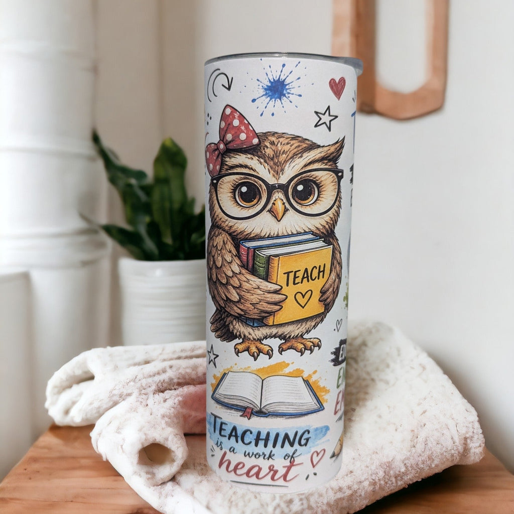 Adorable Teacher With Owl And Affirmations Tumbler With Reusable Straw, Can Be Personalized