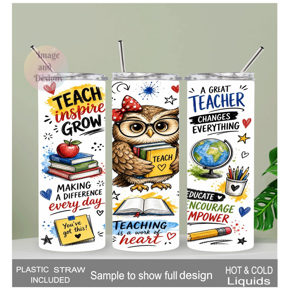 Adorable Teacher With Owl And Affirmations Tumbler With Reusable Straw, Can Be Personalized