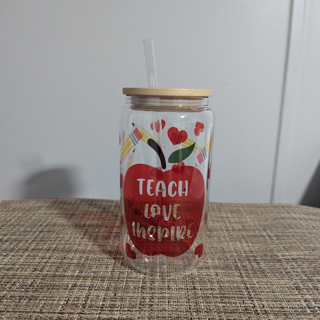 Teach Love Inspire Glass 16oz Clear Glass With Reusable Straw