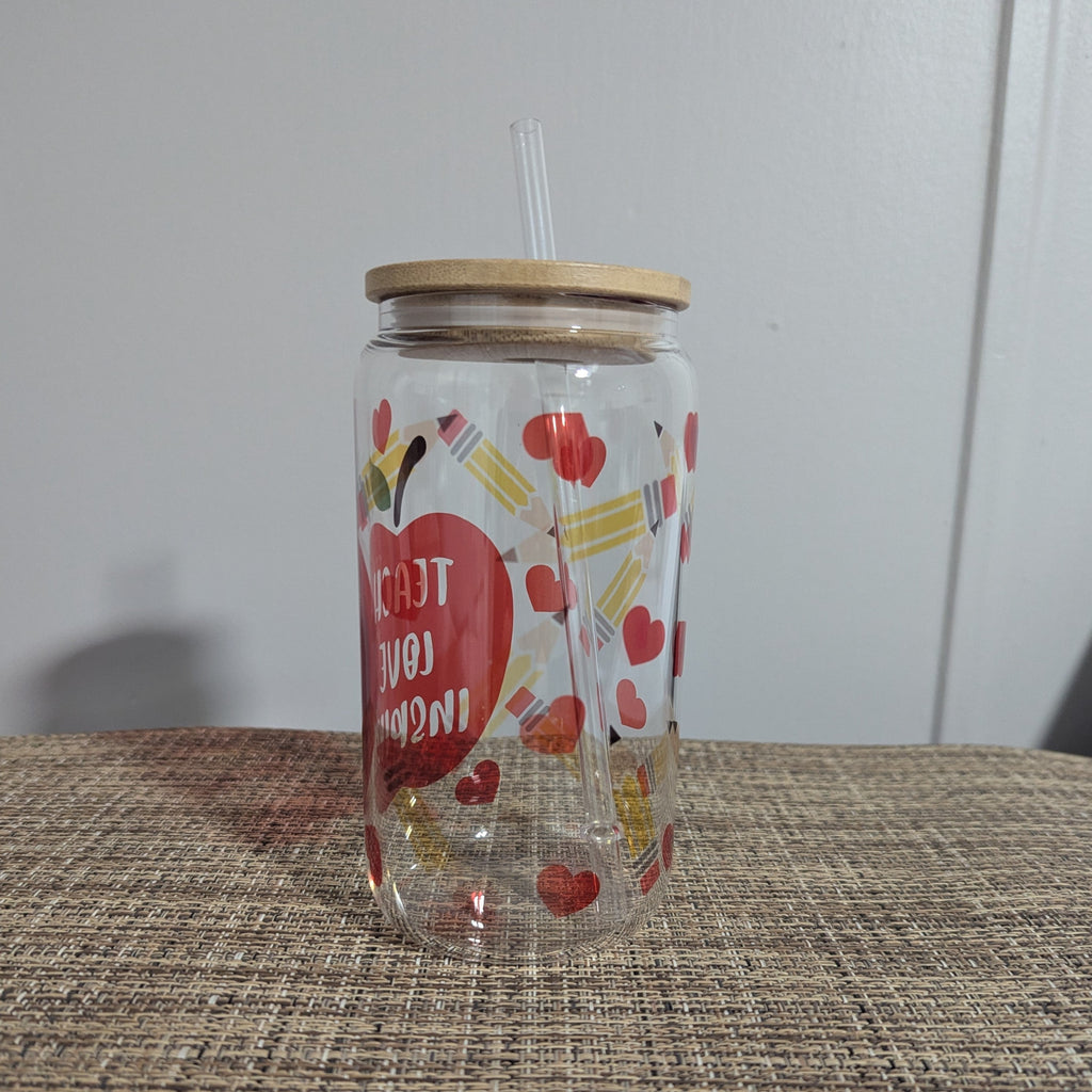 Teach Love Inspire Glass 16oz Clear Glass With Reusable Straw