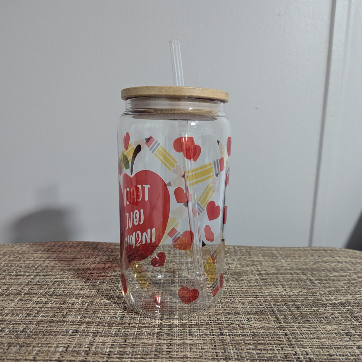 Teach Love Inspire Glass 16oz Clear Glass With Reusable Straw