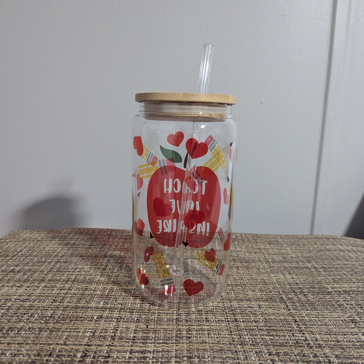 Teach Love Inspire Glass 16oz Clear Glass With Reusable Straw