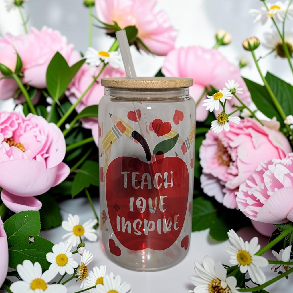 Teach Love Inspire Glass 16oz Clear Glass With Reusable Straw