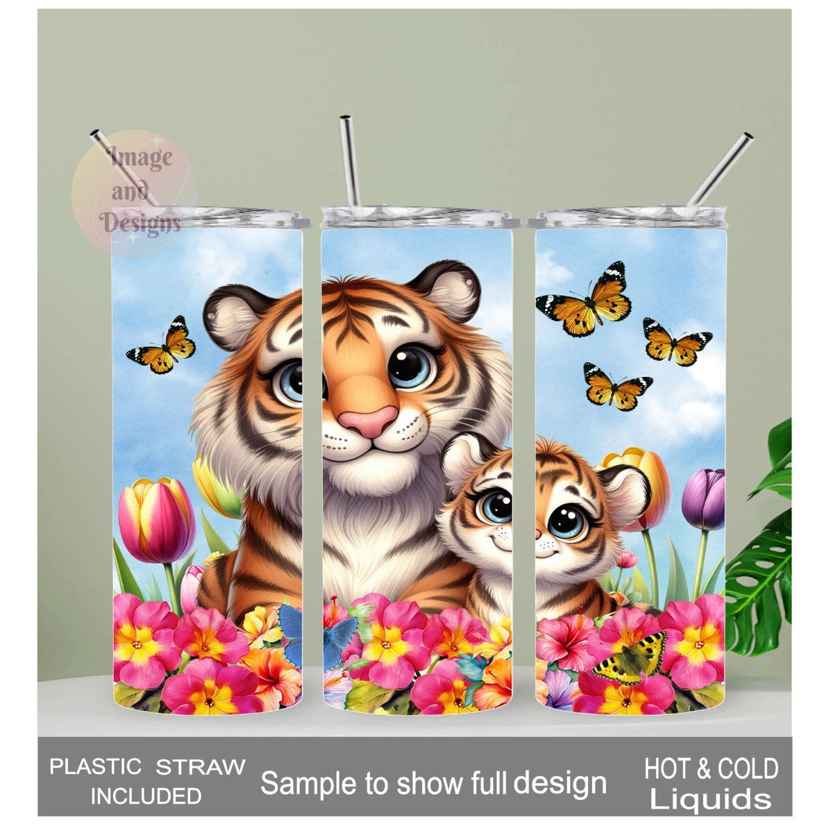 Floral Tiger Tumbler 20oz With Reusable Straw, Can Be Personalized