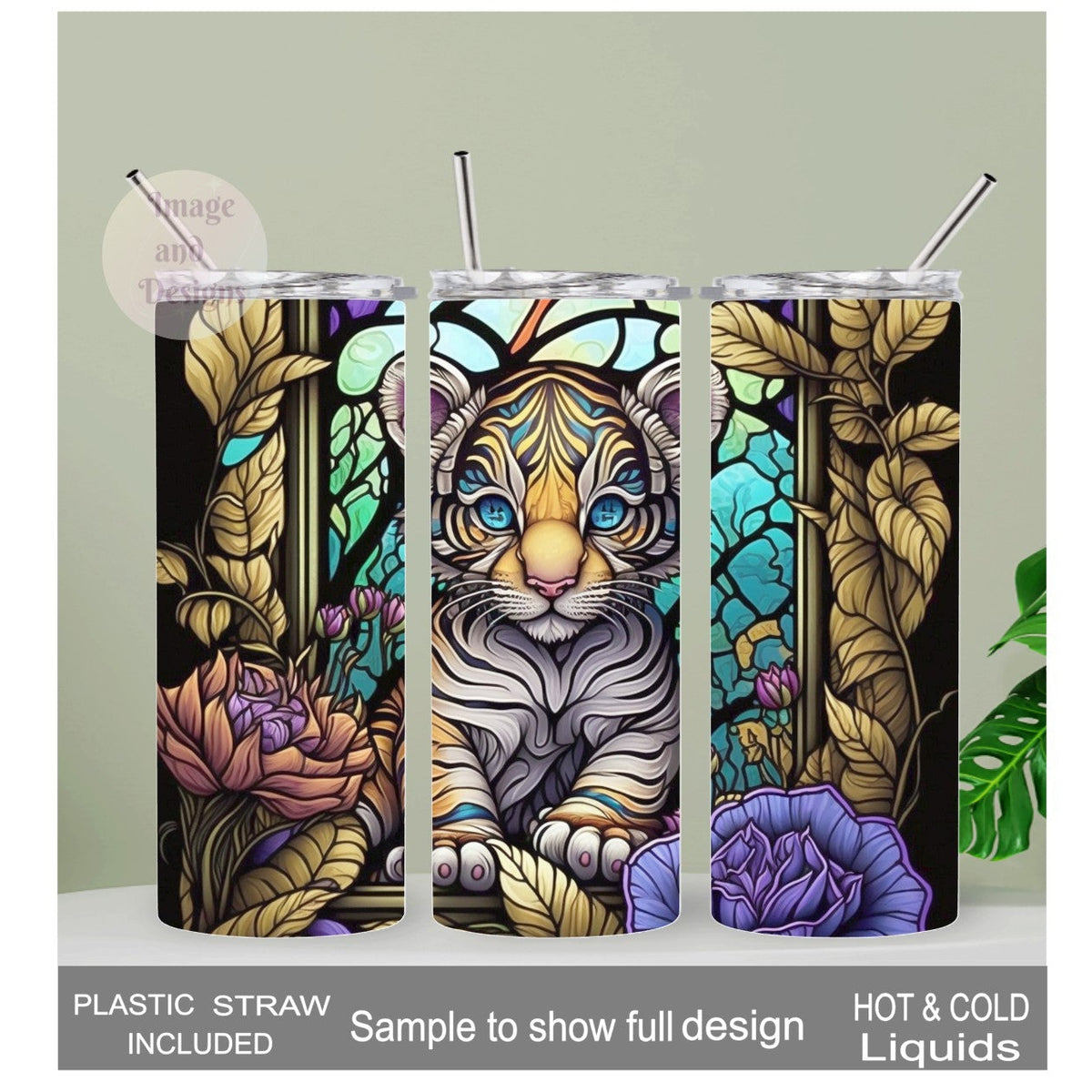 Tiger Cub With Stained Glass Design Tumbler 20oz With Reusable Straw, Can Be Personalized