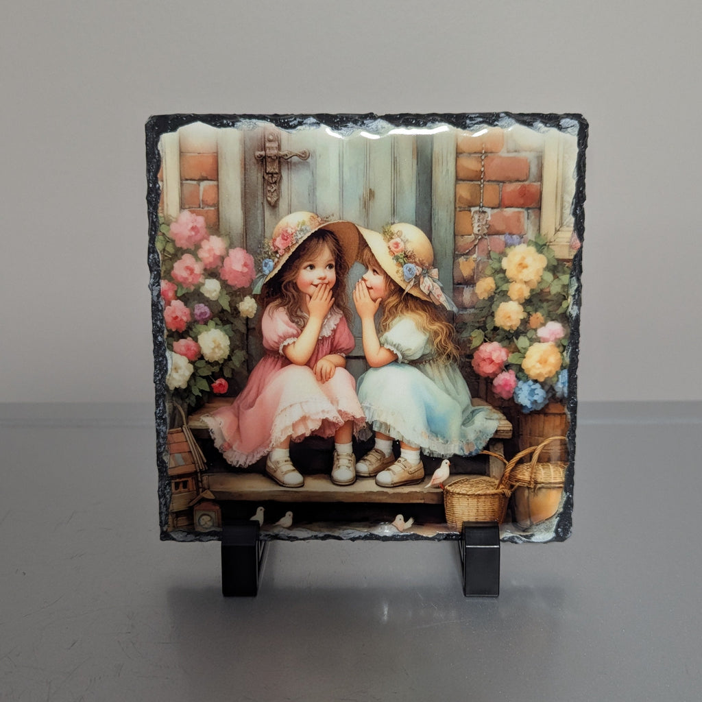 Two Little Girls Sharing Secrets Slate Picture With Display Legs