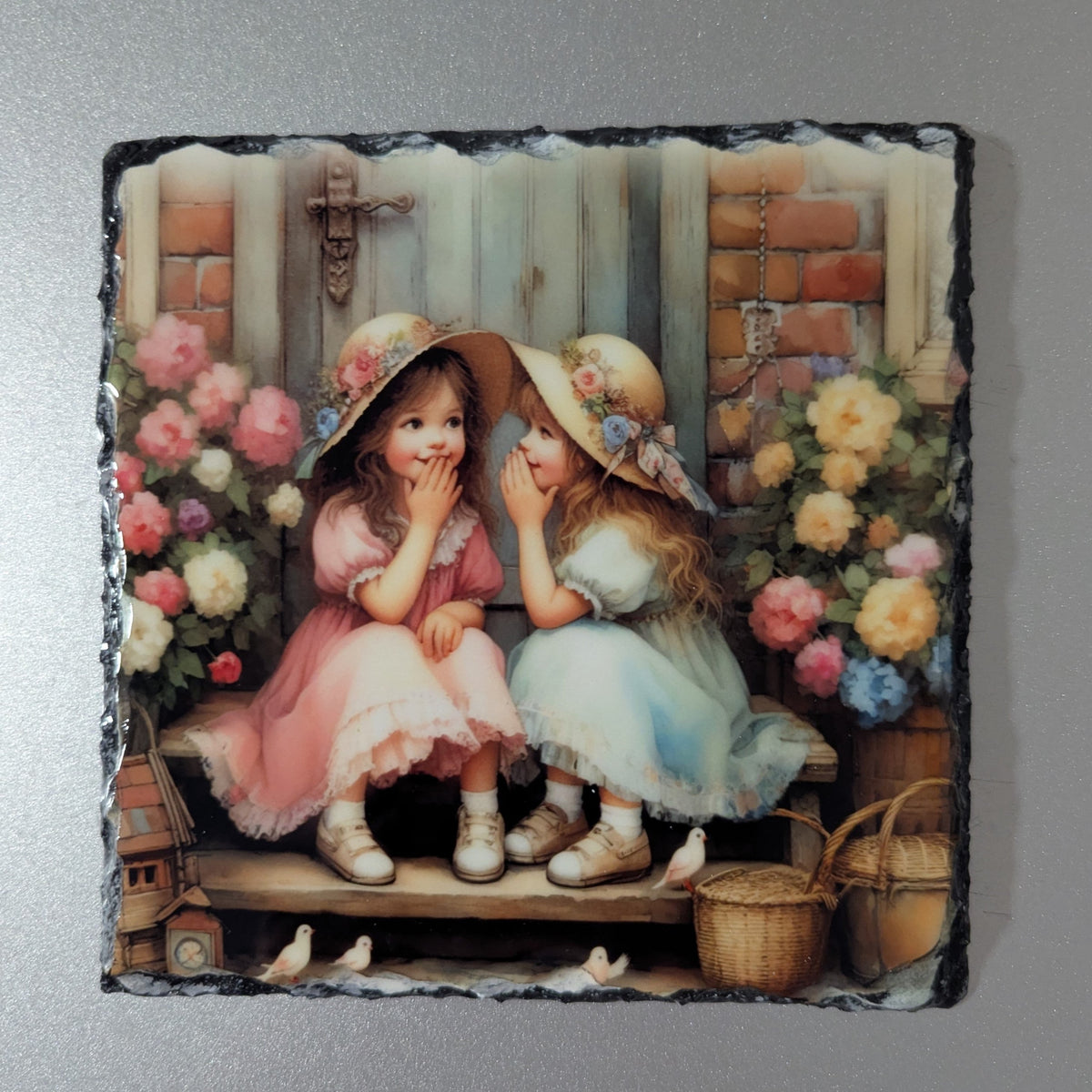 Two Little Girls Sharing Secrets Slate Picture With Display Legs