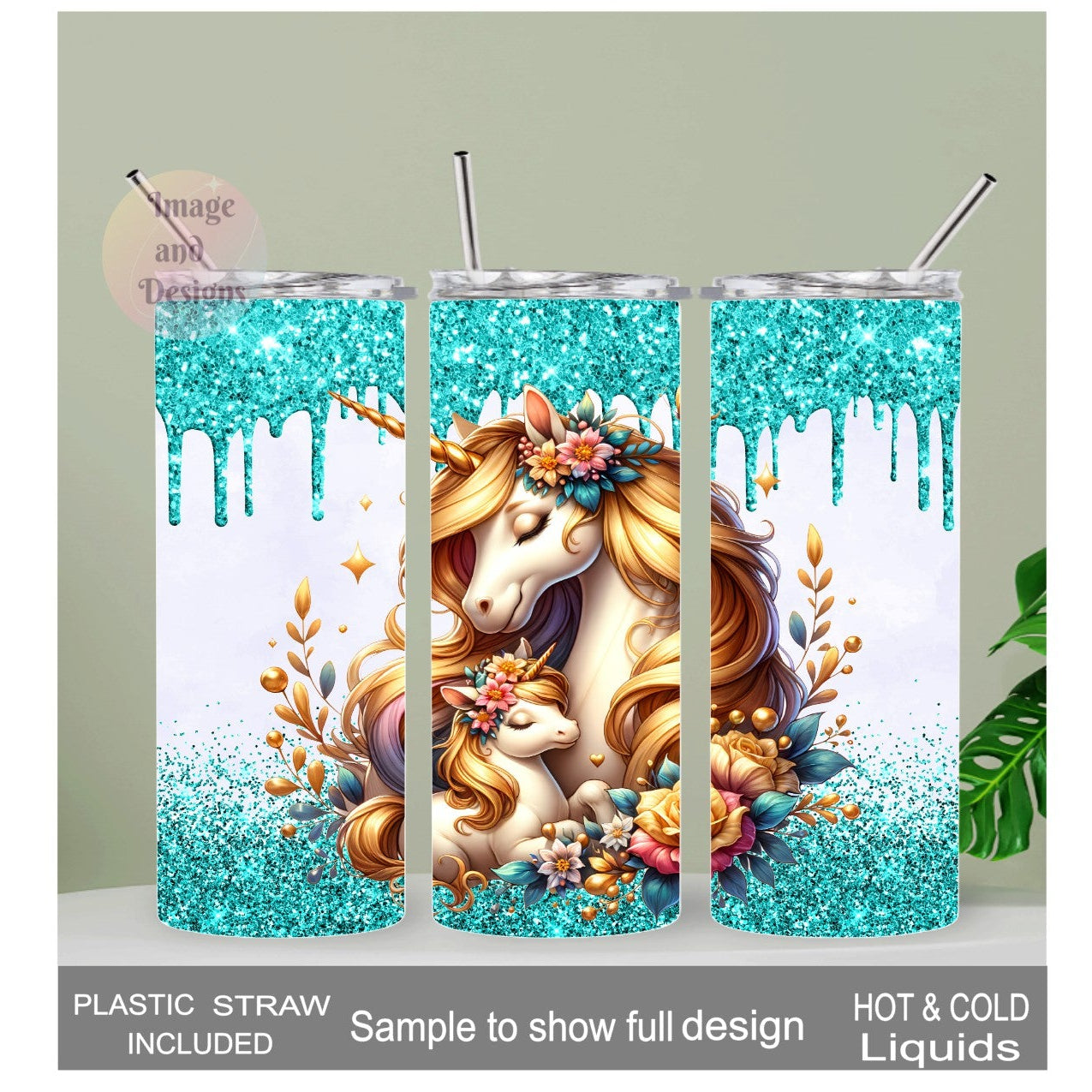 Pretty Unicorn Tumbler with A Glitter Design 20oz With Reusable Straw Can Be Personalized