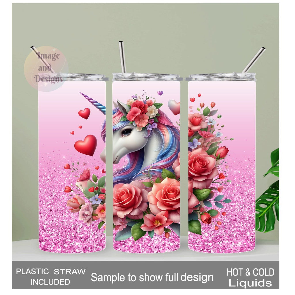 Floral Unicorn Tumbler with A Glitter Design 20oz With Reusable Straw, Can Be Personalized
